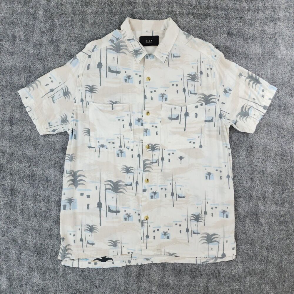 NEUW Shirt Mens Medium White Tropical Short Sleeve Button Up Camp Loop Collar